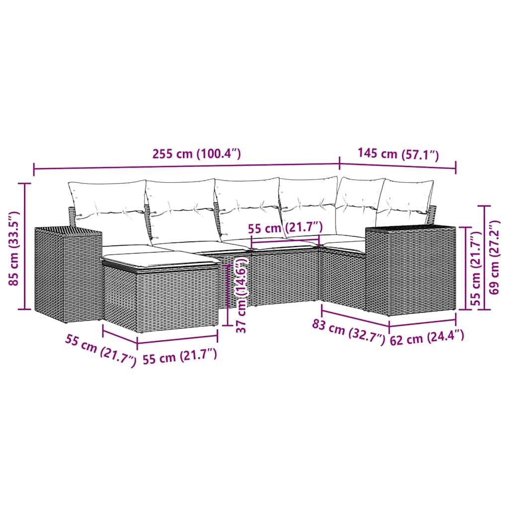 6-tlg. Garten-Sofagarnitur mit Kissen Hellgrau Poly Rattan