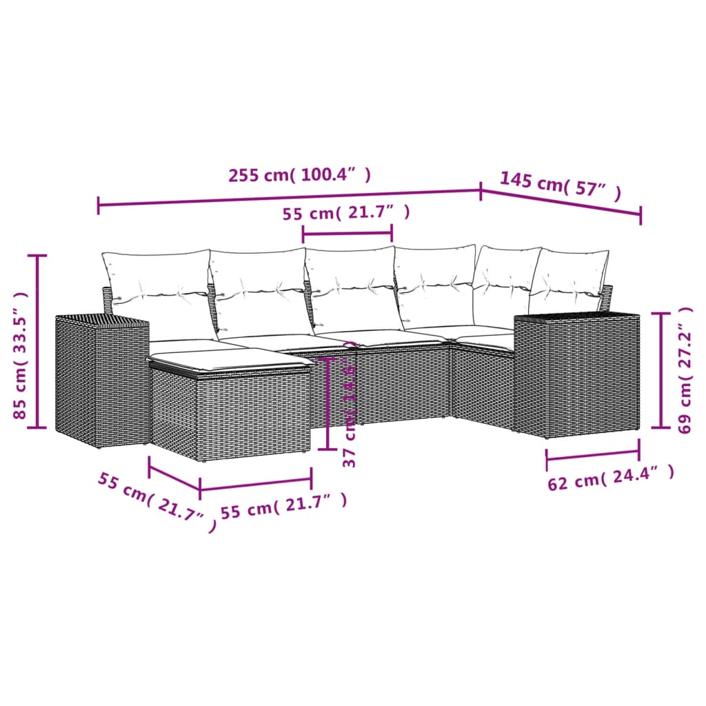 6-tlg. Garten-Sofagarnitur mit Kissen Braun Poly Rattan