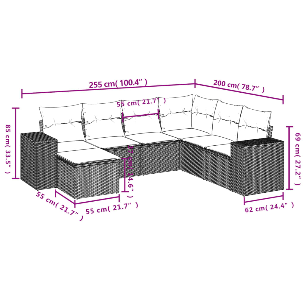 7-tlg. Garten-Sofagarnitur mit Kissen Braun Poly Rattan