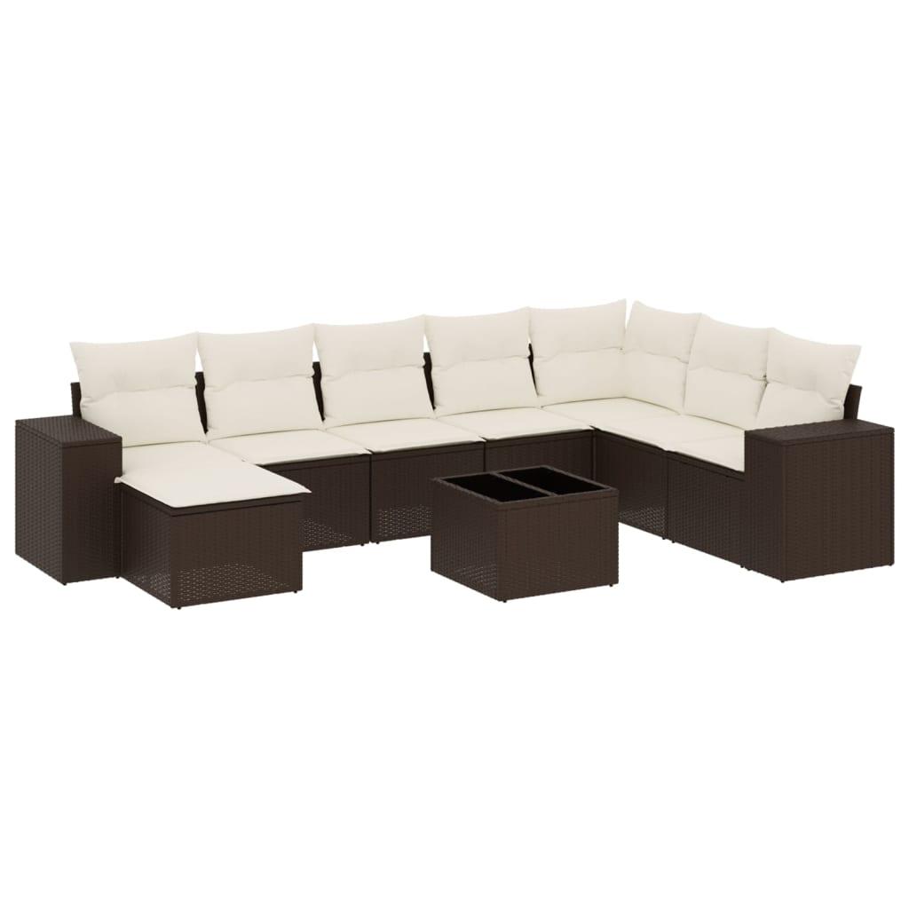 9-tlg. Garten-Sofagarnitur mit Kissen Braun Poly Rattan