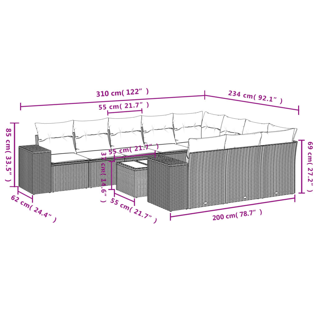 11-tlg. Garten-Sofagarnitur mit Kissen Braun Poly Rattan