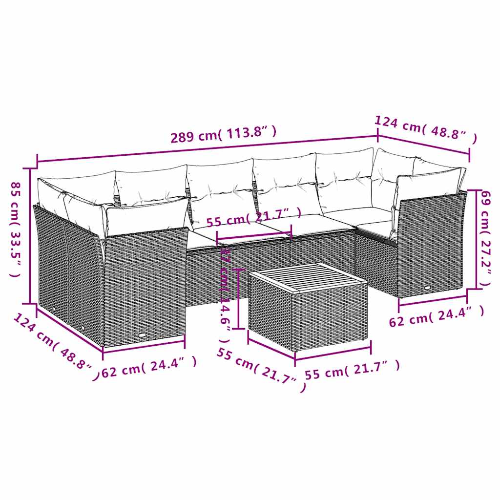 8-tlg. Garten-Sofagarnitur mit Kissen Grau Poly Rattan