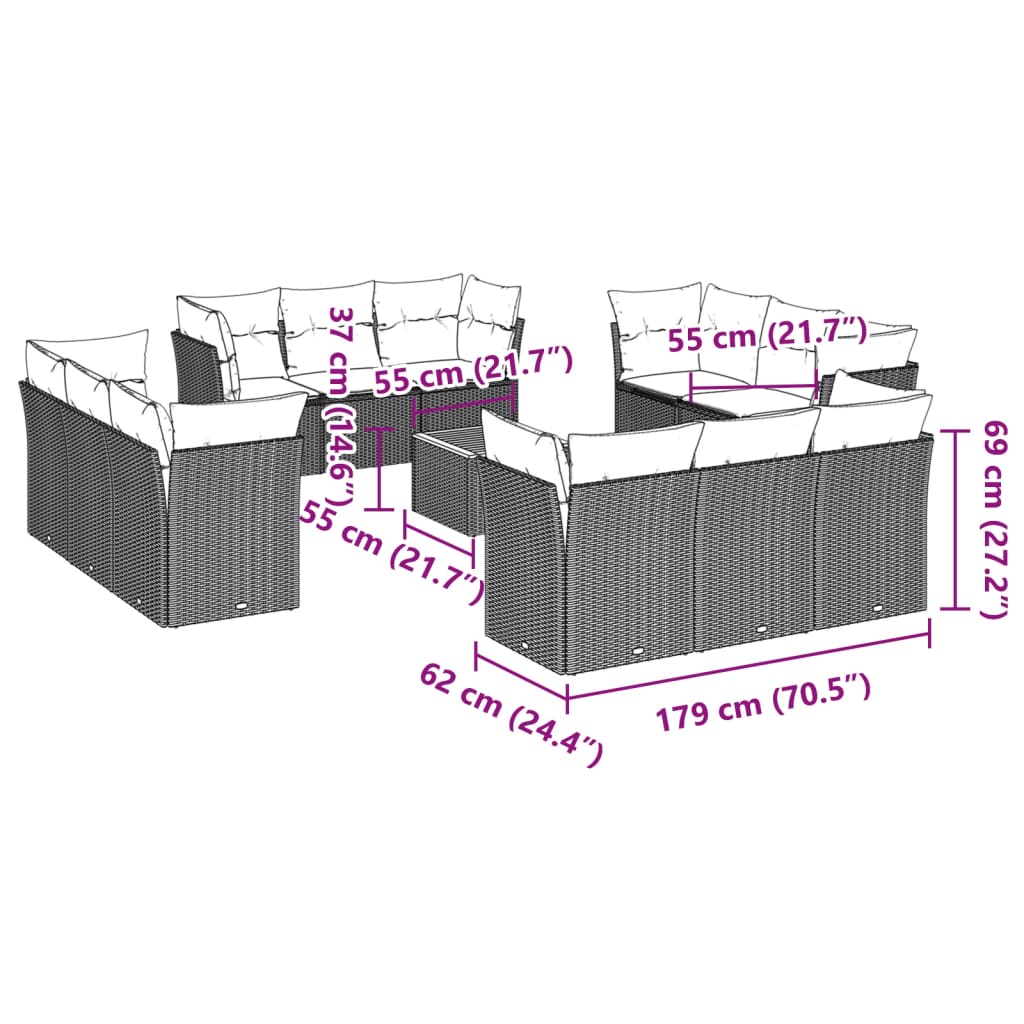 13-tlg. Garten-Sofagarnitur mit Kissen Beige Poly Rattan