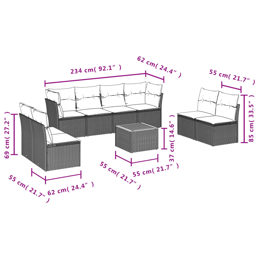 9-tlg. Garten-Sofagarnitur mit Kissen Grau Poly Rattan