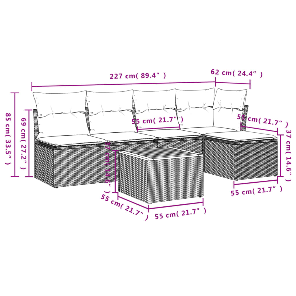 6-tlg. Garten-Sofagarnitur mit Kissen Schwarz Poly Rattan