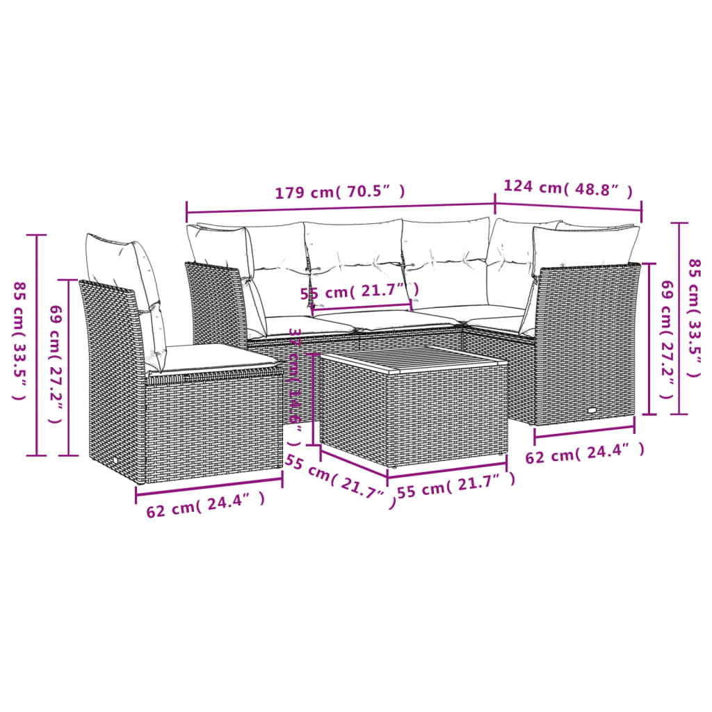 6-tlg. Garten-Sofagarnitur mit Kissen Schwarz Poly Rattan