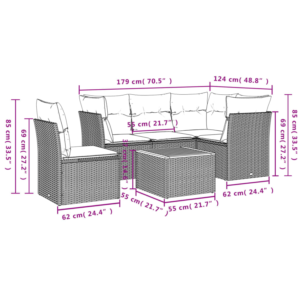 6-tlg. Garten-Sofagarnitur mit Kissen Schwarz Poly Rattan