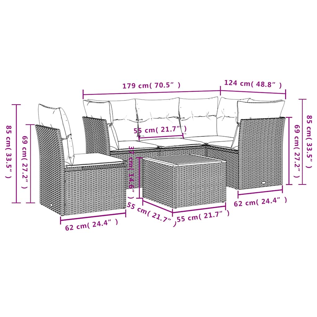 6-tlg. Garten-Sofagarnitur mit Kissen Grau Poly Rattan