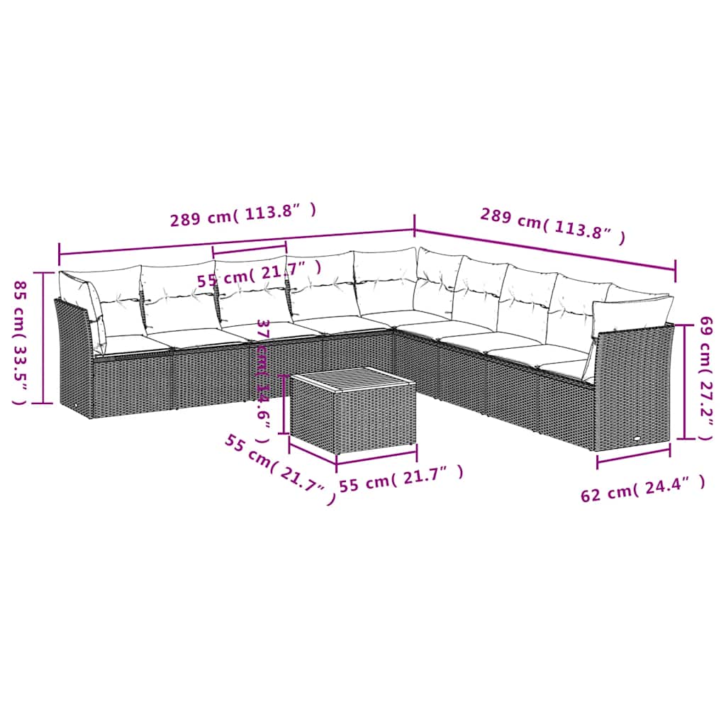 10-tlg. Garten-Sofagarnitur mit Kissen Grau Poly Rattan