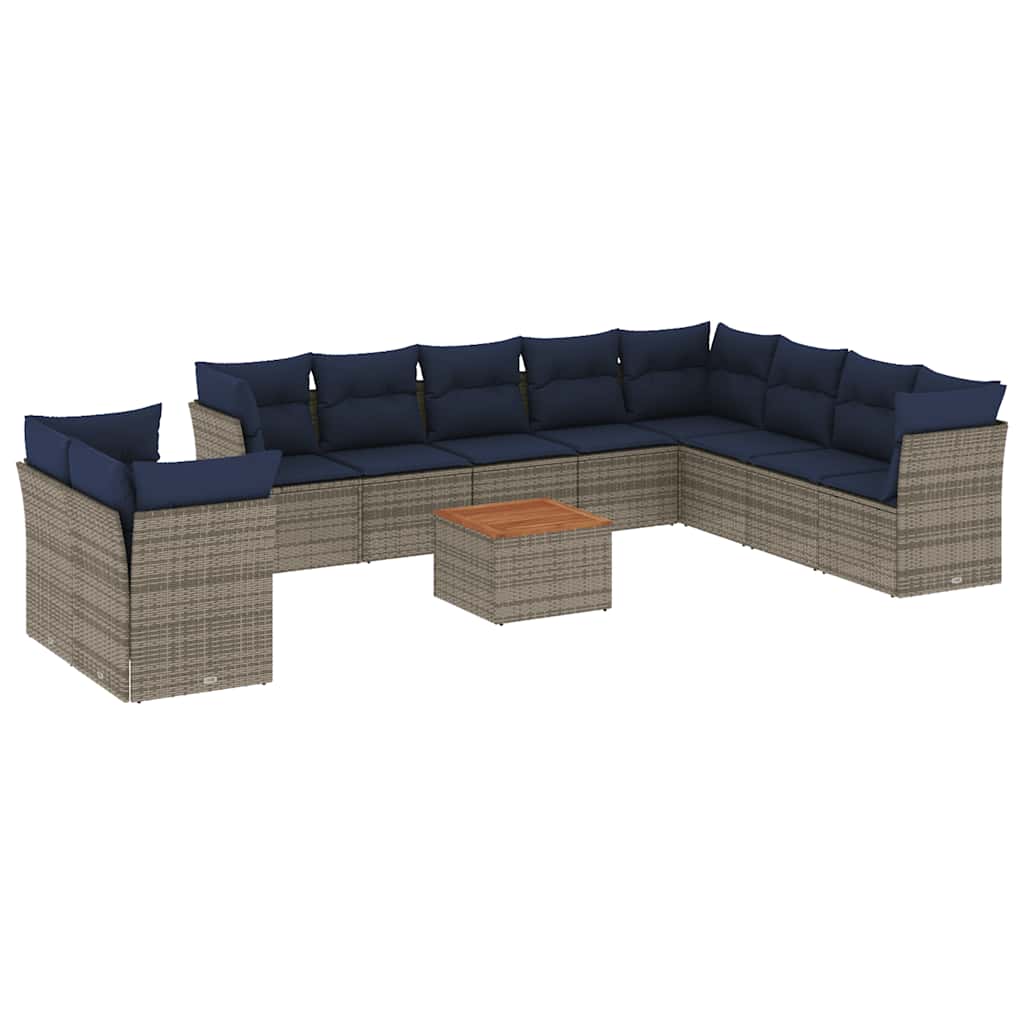 11-tlg. Garten-Sofagarnitur mit Kissen Grau Poly Rattan