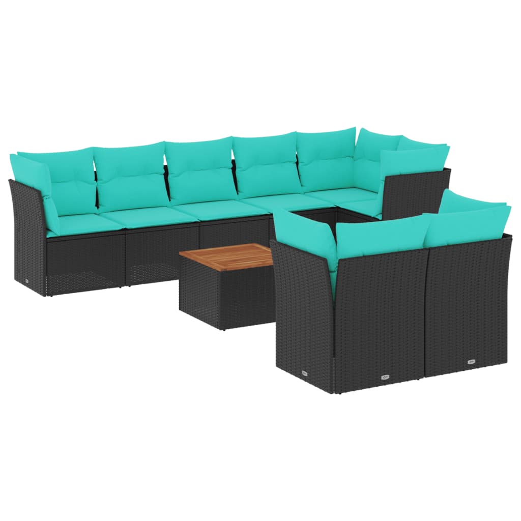 9-tlg. Garten-Sofagarnitur mit Kissen Schwarz Poly Rattan