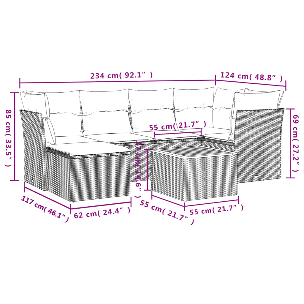 7-tlg. Garten-Sofagarnitur mit Kissen Beige Poly Rattan