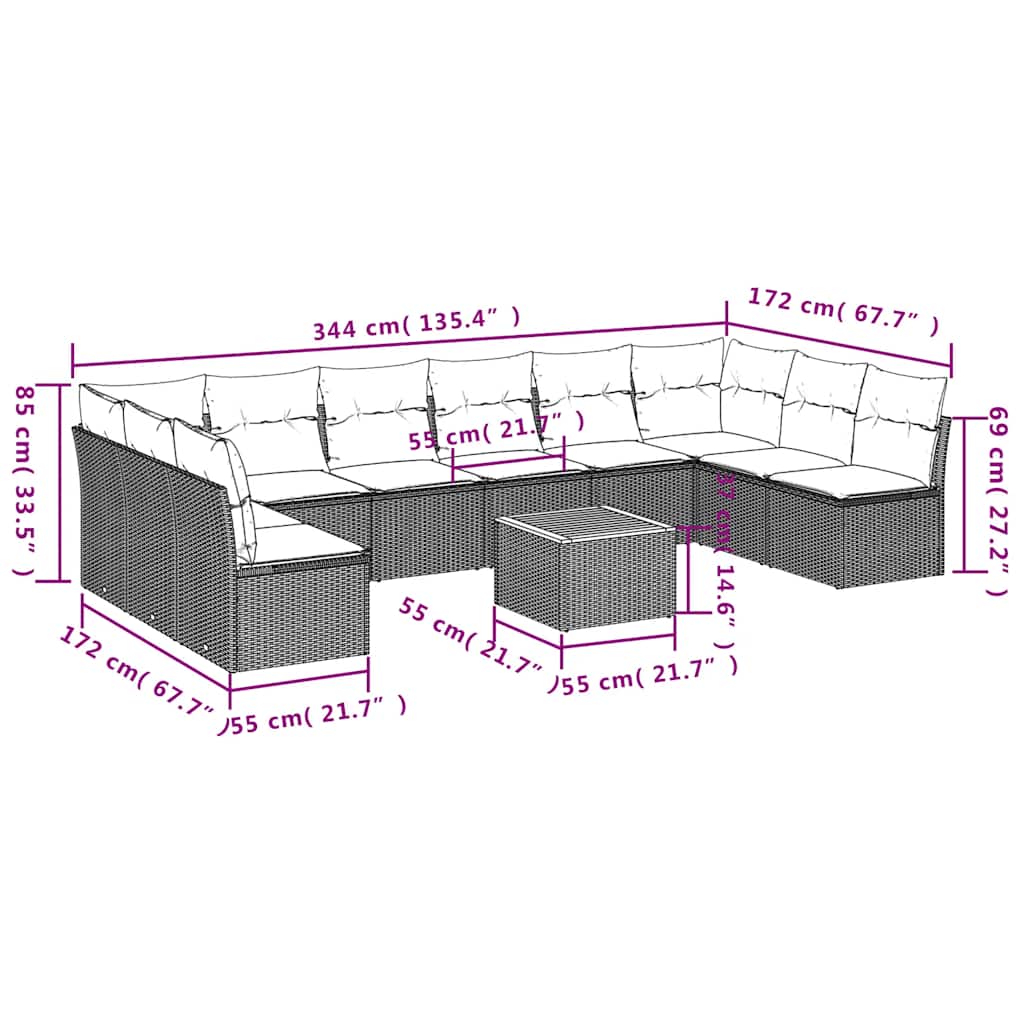 11-tlg. Garten-Sofagarnitur mit Kissen Grau Poly Rattan