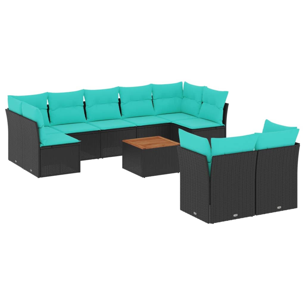 10-tlg. Garten-Sofagarnitur mit Kissen Schwarz Poly Rattan