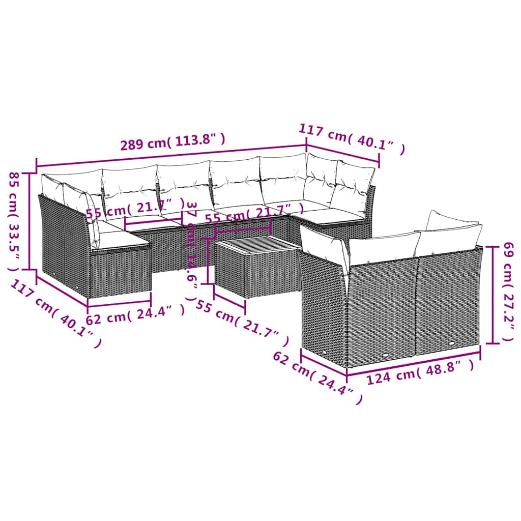 10-tlg. Garten-Sofagarnitur mit Kissen Grau Poly Rattan