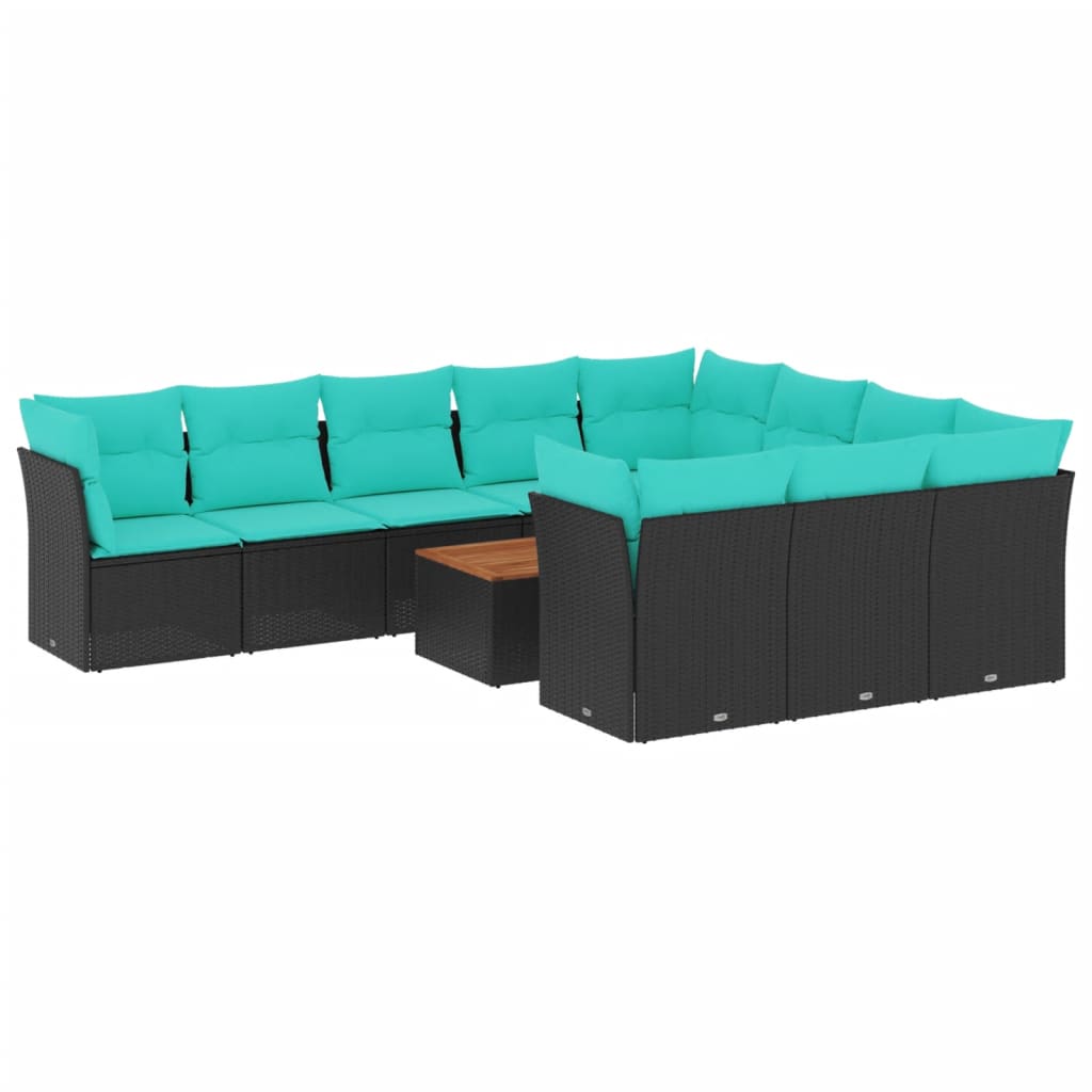 11-tlg. Garten-Sofagarnitur mit Kissen Schwarz Poly Rattan
