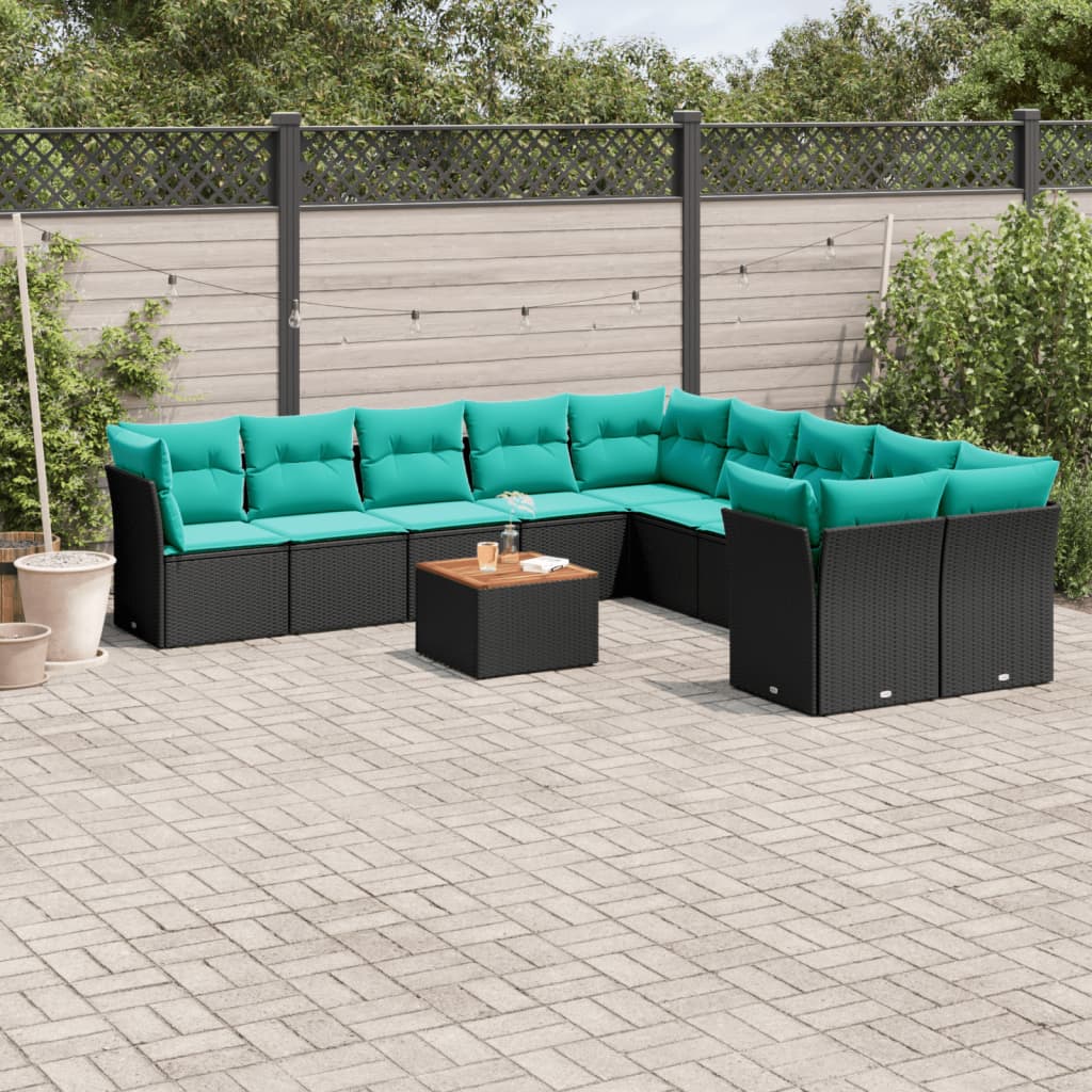 11-tlg. Garten-Sofagarnitur mit Kissen Schwarz Poly Rattan