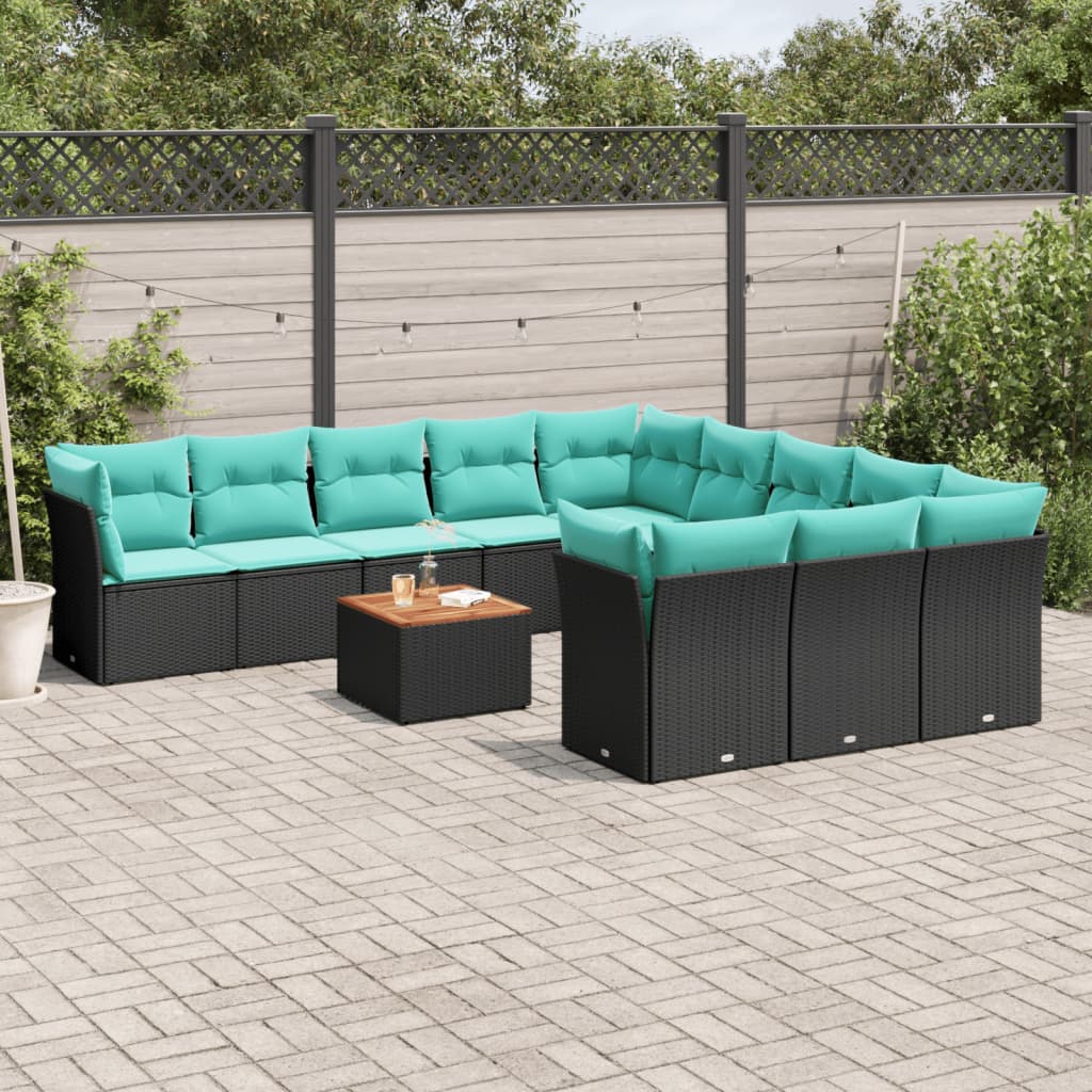 12-tlg. Garten-Sofagarnitur mit Kissen Schwarz Poly Rattan