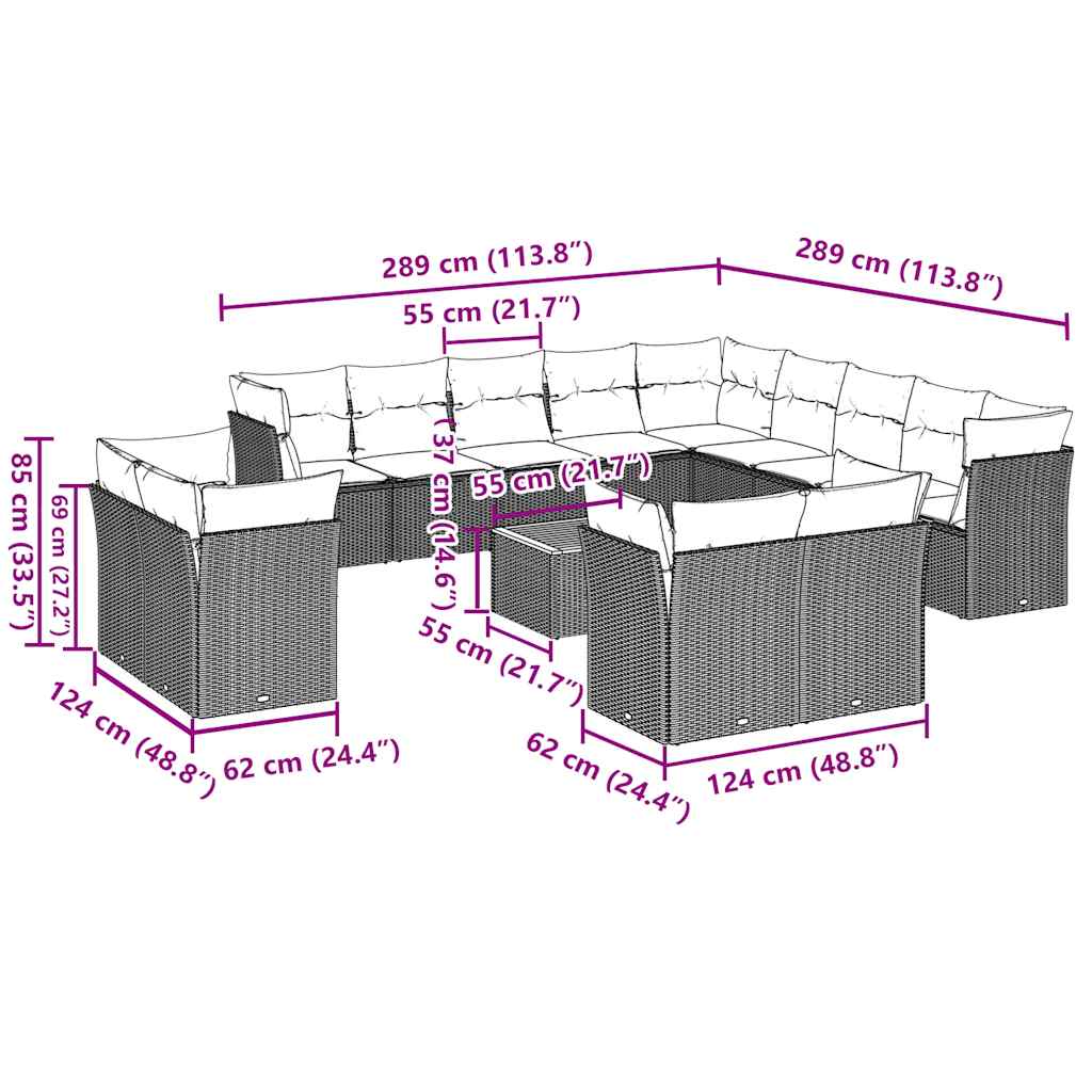 14-tlg. Garten-Sofagarnitur mit Kissen Grau Poly Rattan