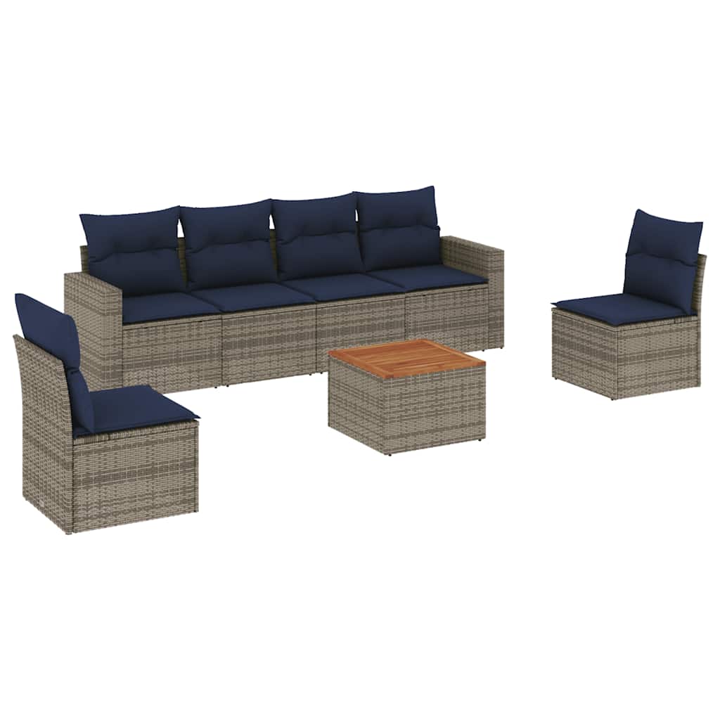 7-tlg. Garten-Sofagarnitur mit Kissen Grau Poly Rattan