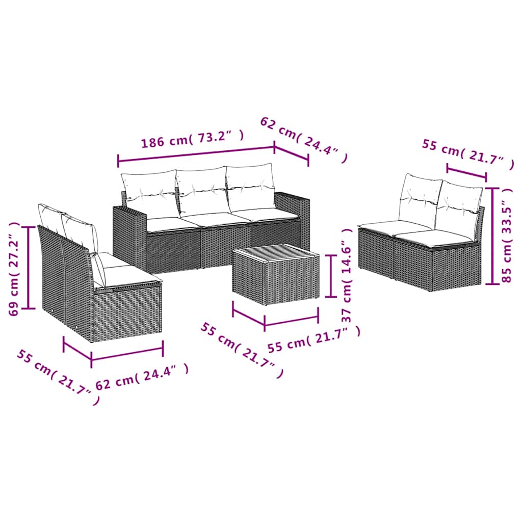 8-tlg. Garten-Sofagarnitur mit Kissen Schwarz Poly Rattan