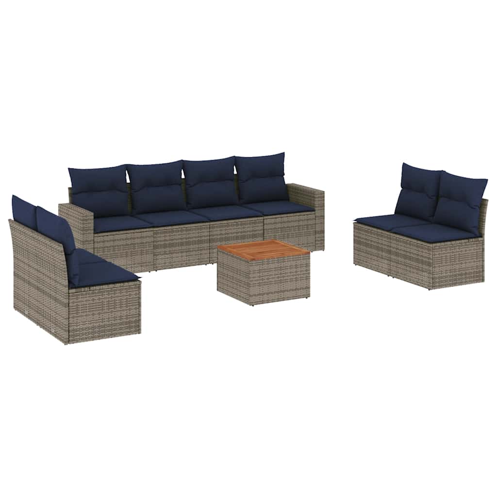 9-tlg. Garten-Sofagarnitur mit Kissen Grau Poly Rattan