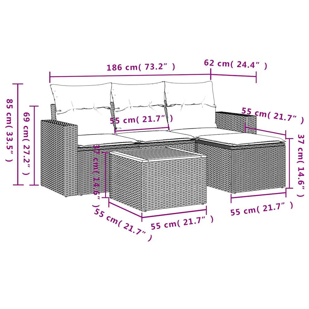 5-teiliges Gartensofa-Set mit Kissen, grau, Polyrattan