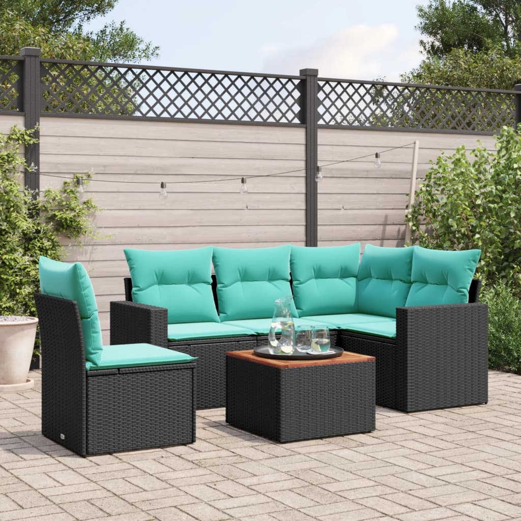6-tlg. Garten-Sofagarnitur mit Kissen Schwarz Poly Rattan