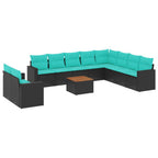 11-tlg. Garten-Sofagarnitur mit Kissen Schwarz Poly Rattan