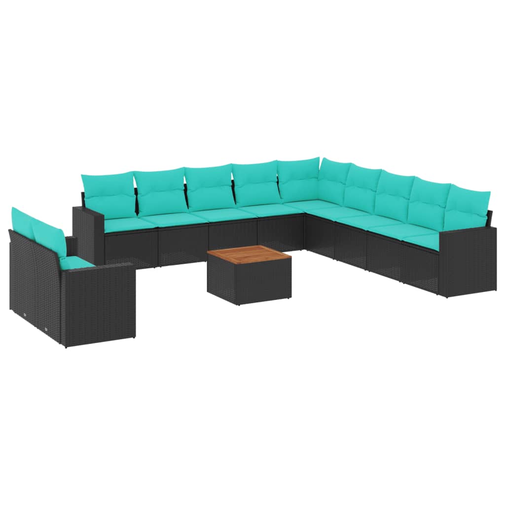 12-tlg. Garten-Sofagarnitur mit Kissen Schwarz Poly Rattan
