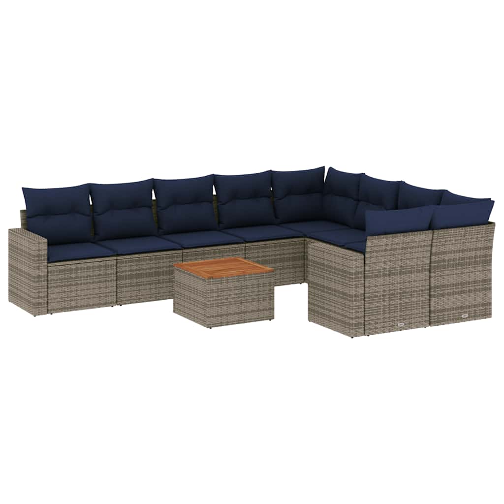 10-tlg. Garten-Sofagarnitur mit Kissen Grau Poly Rattan