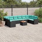 11-tlg. Garten-Sofagarnitur mit Kissen Schwarz Poly Rattan