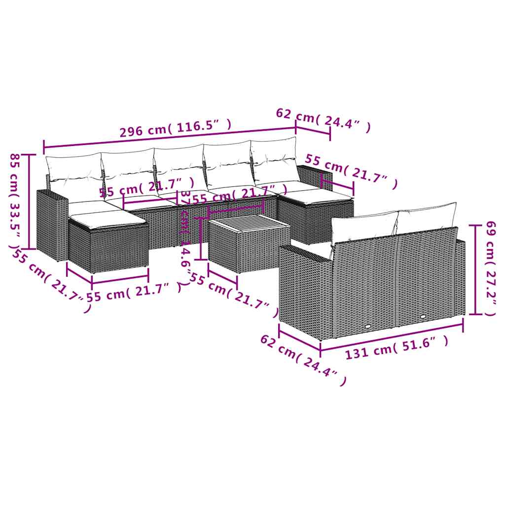 10-teiliges Gartensofa-Set mit Kissen, grau, Polyrattan