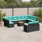 13-tlg. Garten-Sofagarnitur mit Kissen Schwarz Poly Rattan
