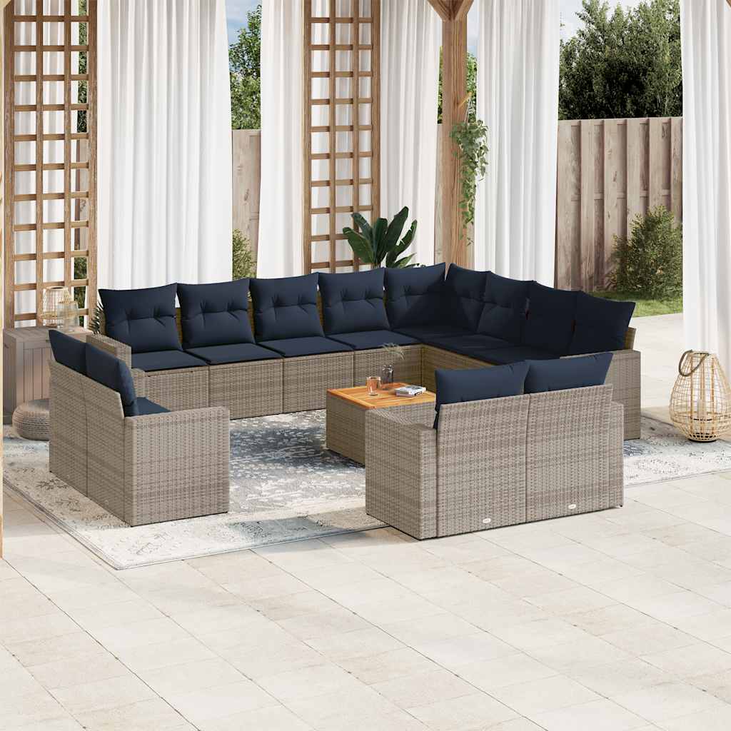 13-tlg. Garten-Sofagarnitur mit Kissen Grau Poly Rattan