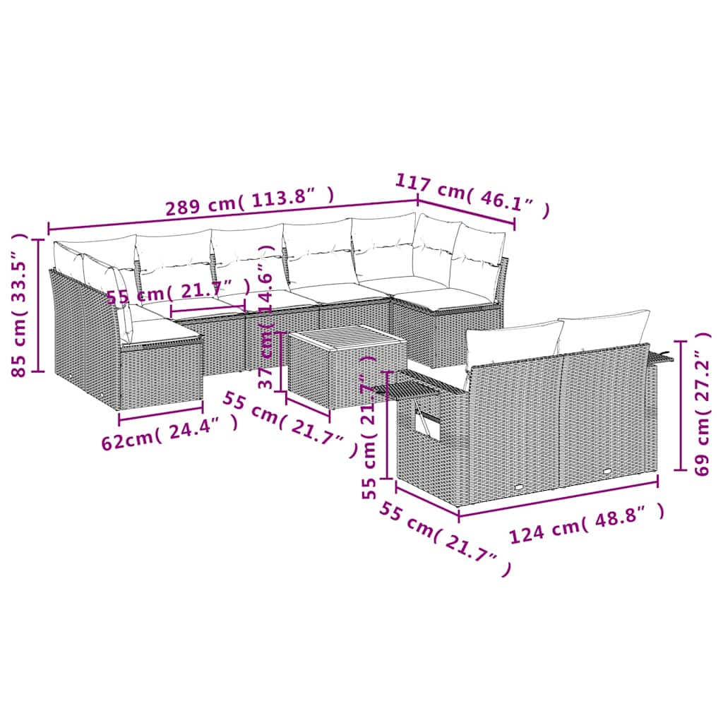 10-tlg. Garten-Sofagarnitur mit Kissen Grau Poly Rattan