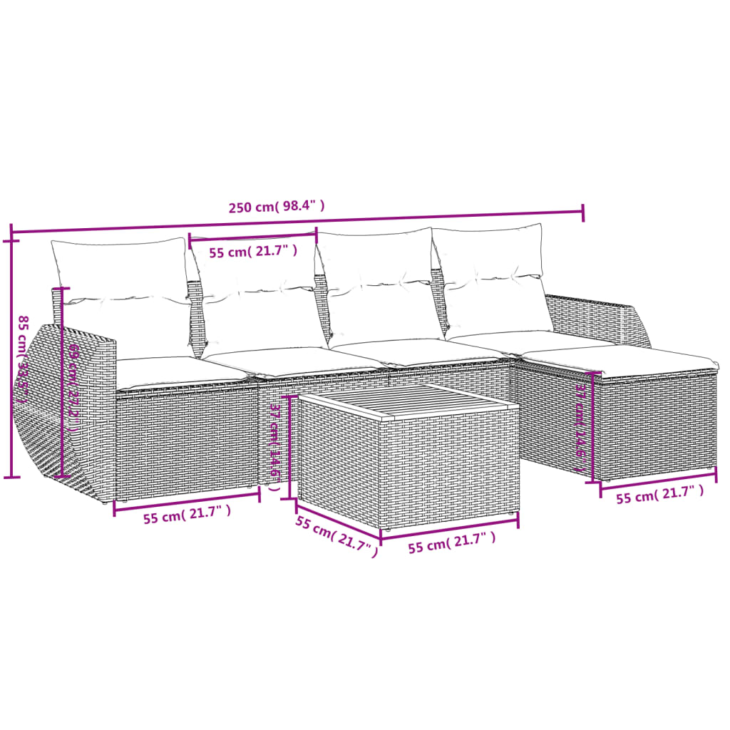 6-tlg. Garten-Sofagarnitur mit Kissen Grau Poly Rattan