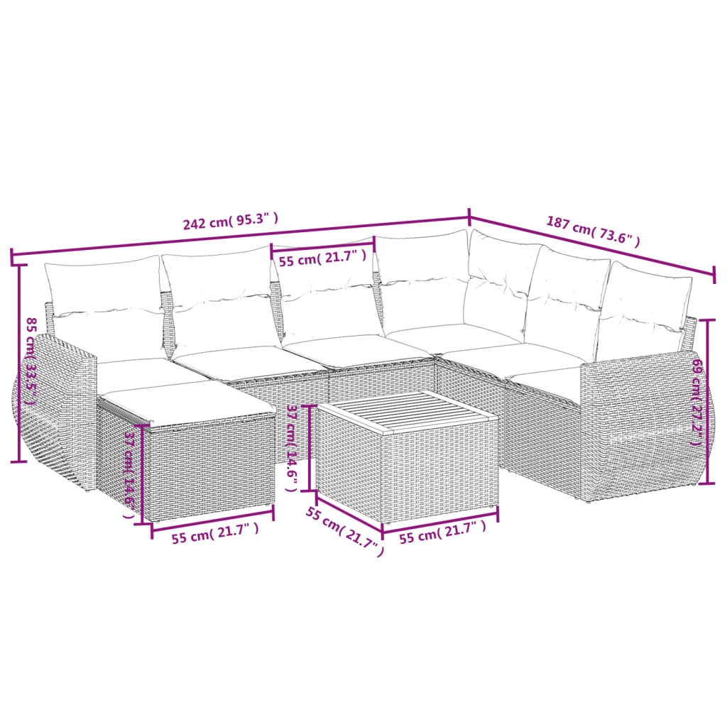 8-tlg. Garten-Sofagarnitur mit Kissen Grau Poly Rattan