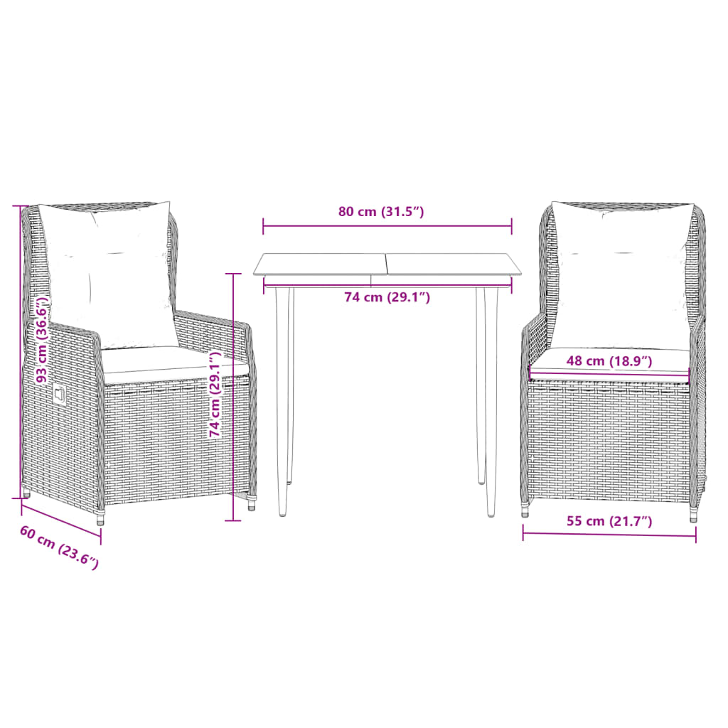 3-tlg. Garten-Essgruppe mit Kissen Schwarz Poly Rattan