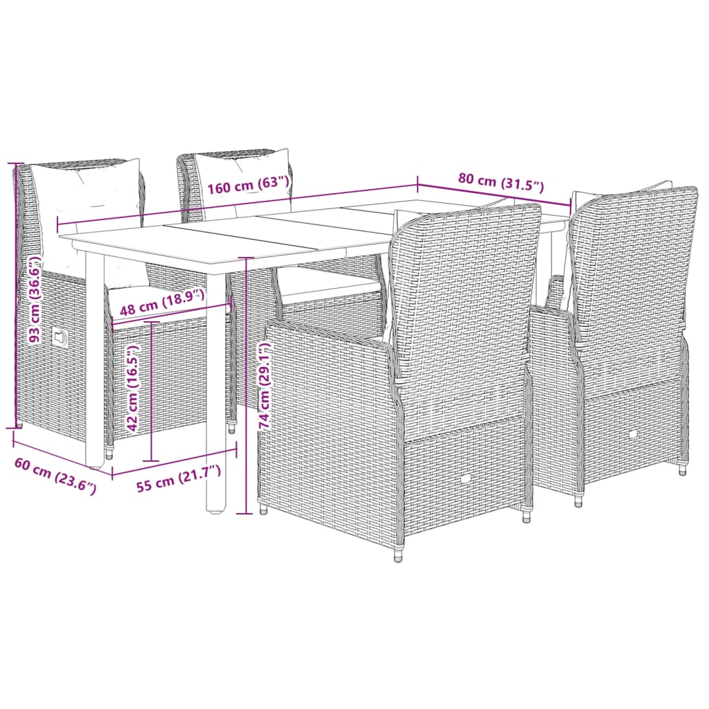 5-tlg. Garten-Essgruppe mit Kissen Schwarz Poly Rattan