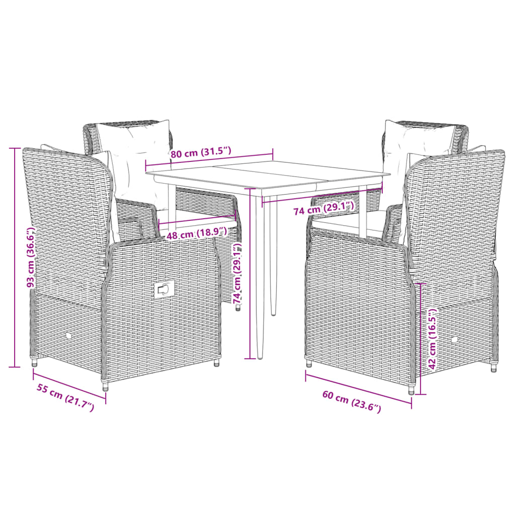 5-tlg. Garten-Essgruppe mit Kissen Braun Poly Rattan
