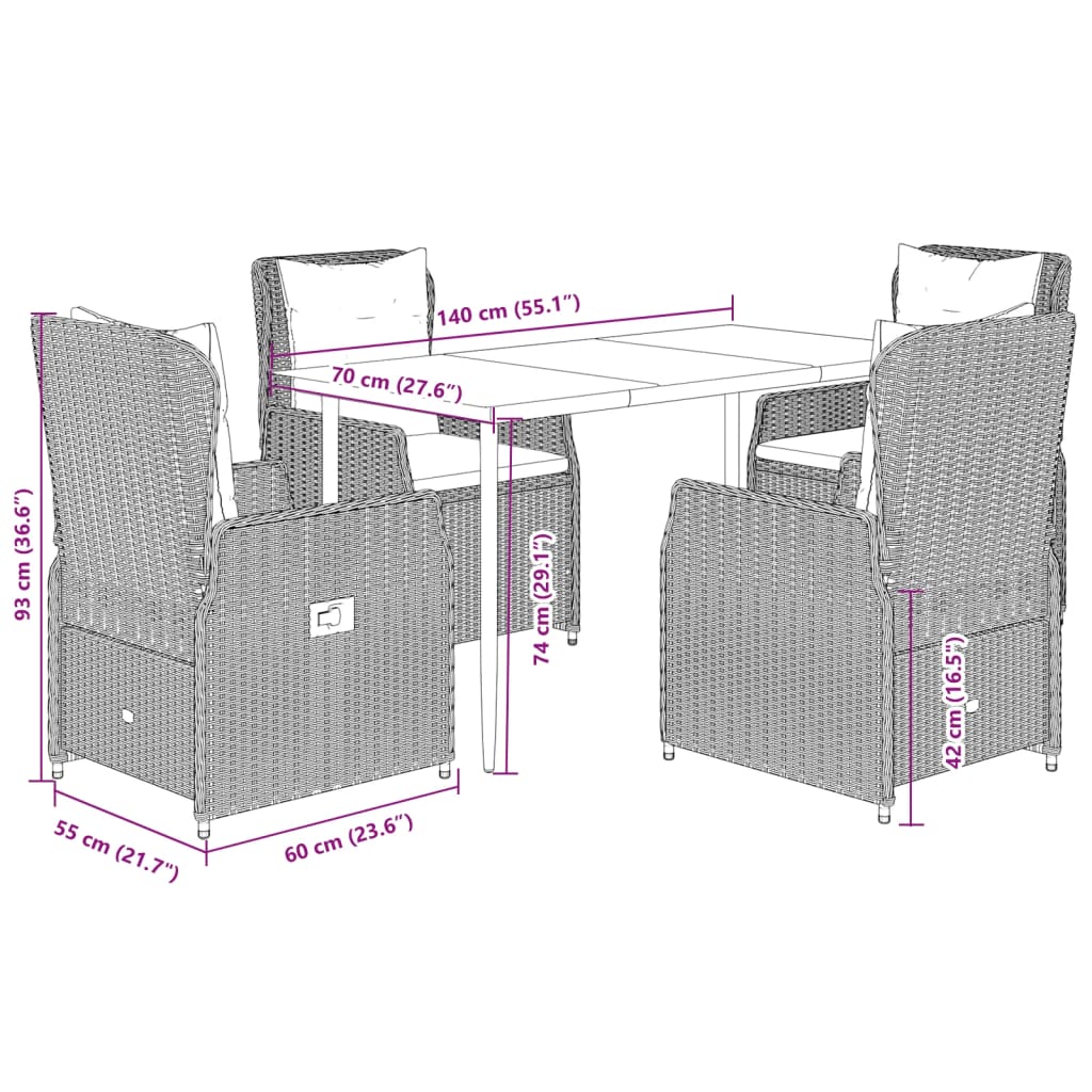 5-tlg. Garten-Essgruppe mit Kissen Grau Poly Rattan