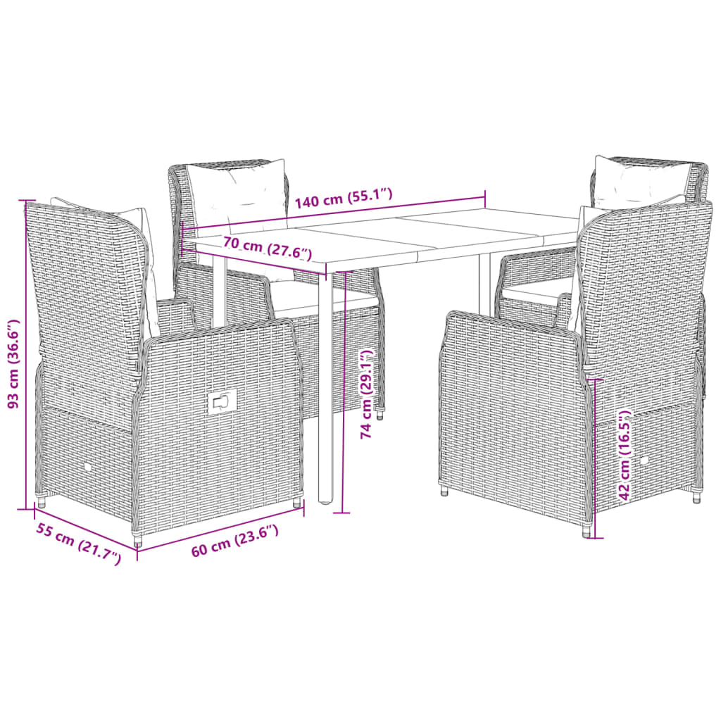 5-tlg. Garten-Essgruppe mit Kissen Grau Poly Rattan