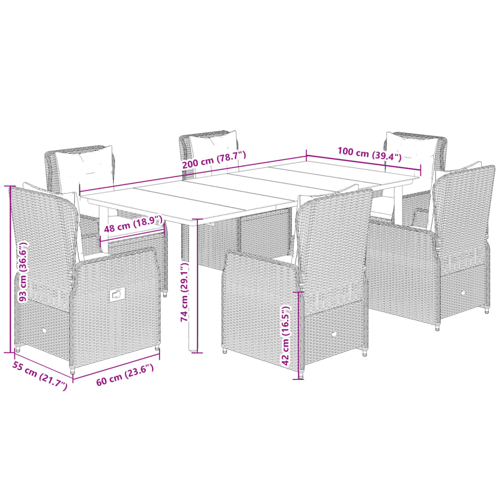 7-tlg. Garten-Essgruppe mit Kissen Beige Poly Rattan