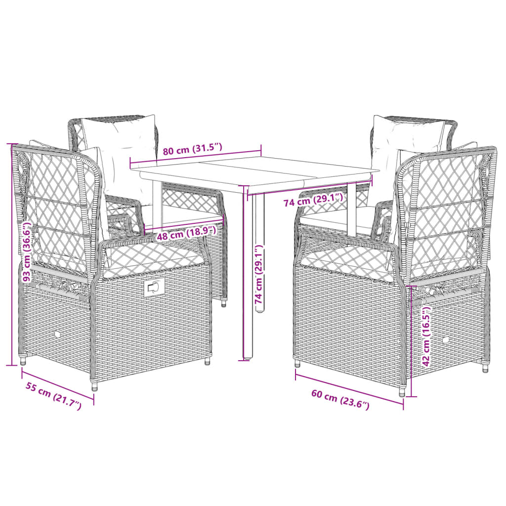 5-tlg. Garten-Essgruppe mit Kissen Schwarz Poly Rattan