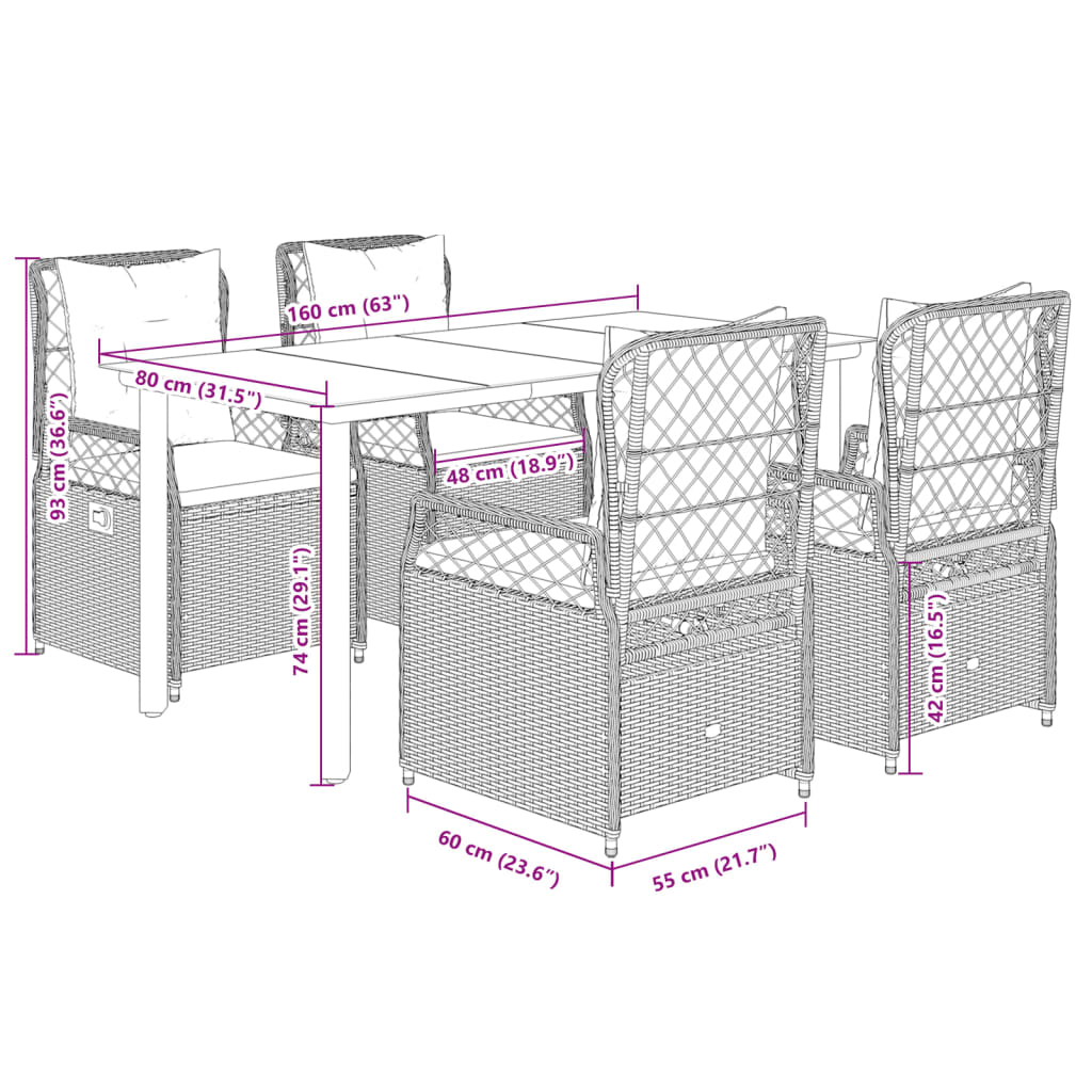 5-tlg. Garten-Essgruppe mit Kissen Braun Poly Rattan