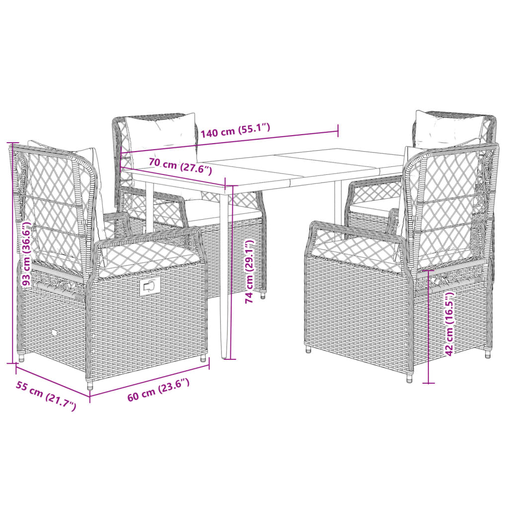5-tlg. Garten-Essgruppe mit Kissen Grau Poly Rattan
