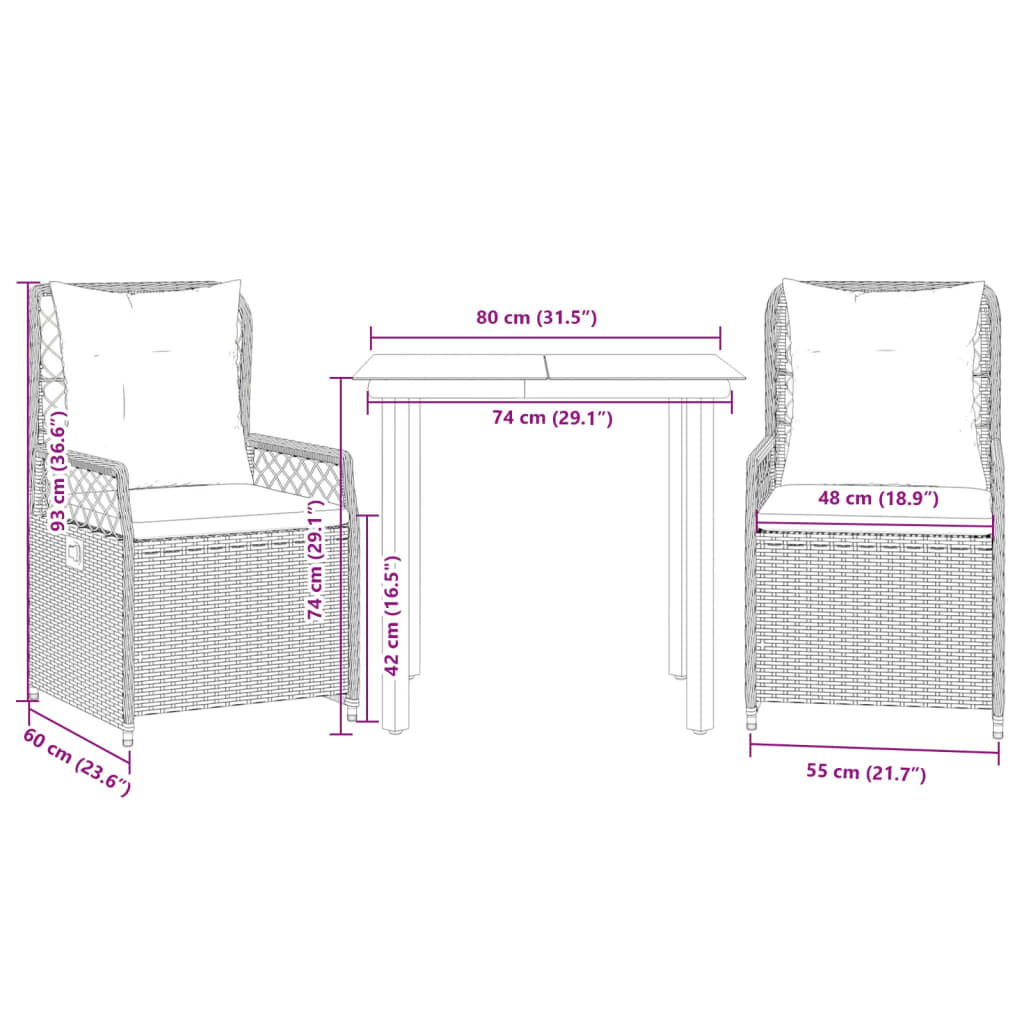 3-tlg. Garten-Essgruppe mit Kissen Beige Poly Rattan