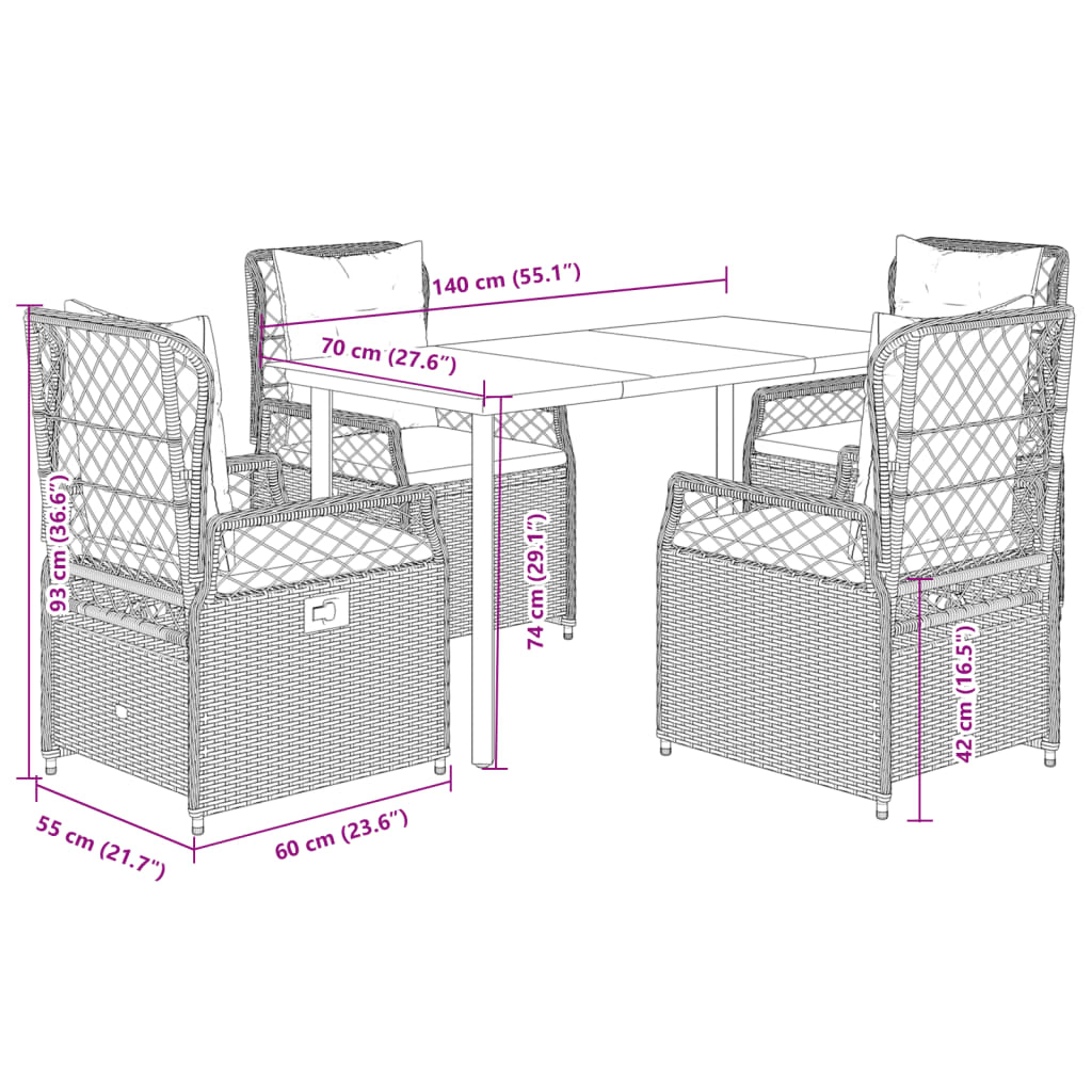 5-tlg. Garten-Essgruppe mit Kissen Hellgrau Poly Rattan