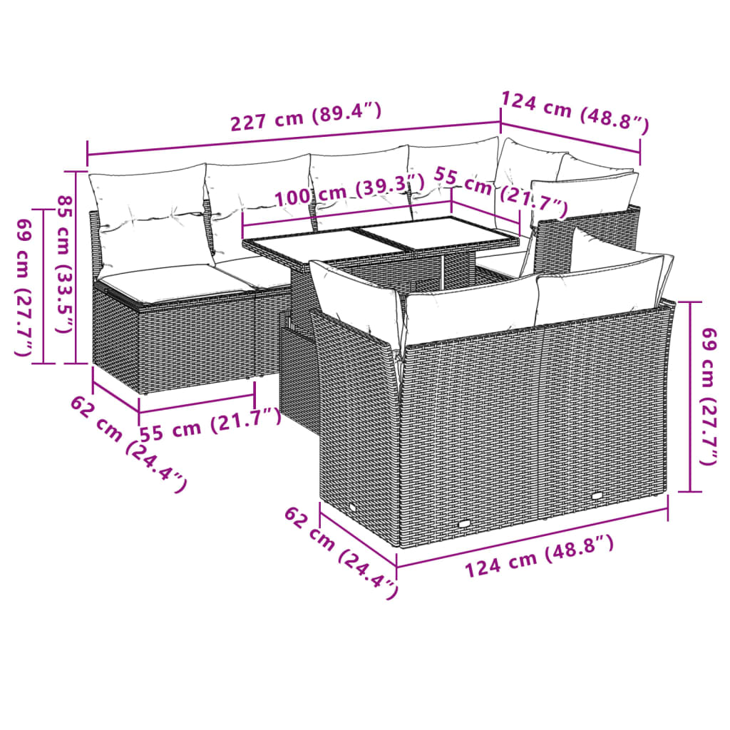 8-teiliges Gartensofa-Set mit Kissen, grau, Polyrattan